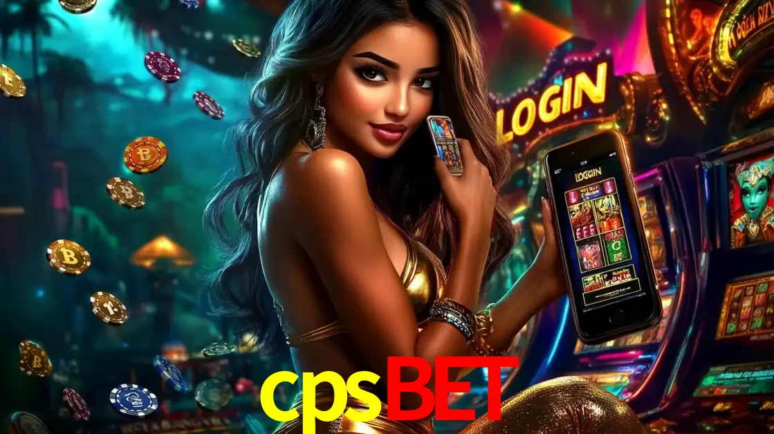 Mulher em um cenário de cassino temático de aventura, mostrando o app de caça-níqueis da cpsbet no celular. Fichas de apostas flutuam ao redor.