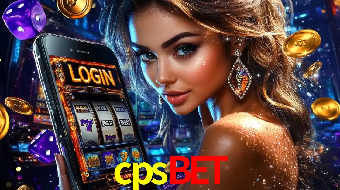 Mulher glamorosa segurando um smartphone com a tela de login para os jogos de caça-níqueis do cassino online cpsbet, com moedas de ouro e dados ao redor.