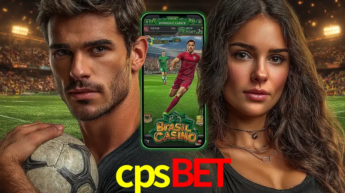 Homem segurando uma bola de futebol e uma mulher ao lado de um smartphone exibindo o jogo de apostas esportivas da cpsbet. Faça seu palpite no cassino online.